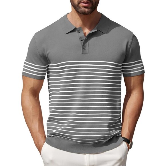 Mens Casual Polo Shirt Short Sleeve Striped Knit Top Gray Golf Tennis Tee